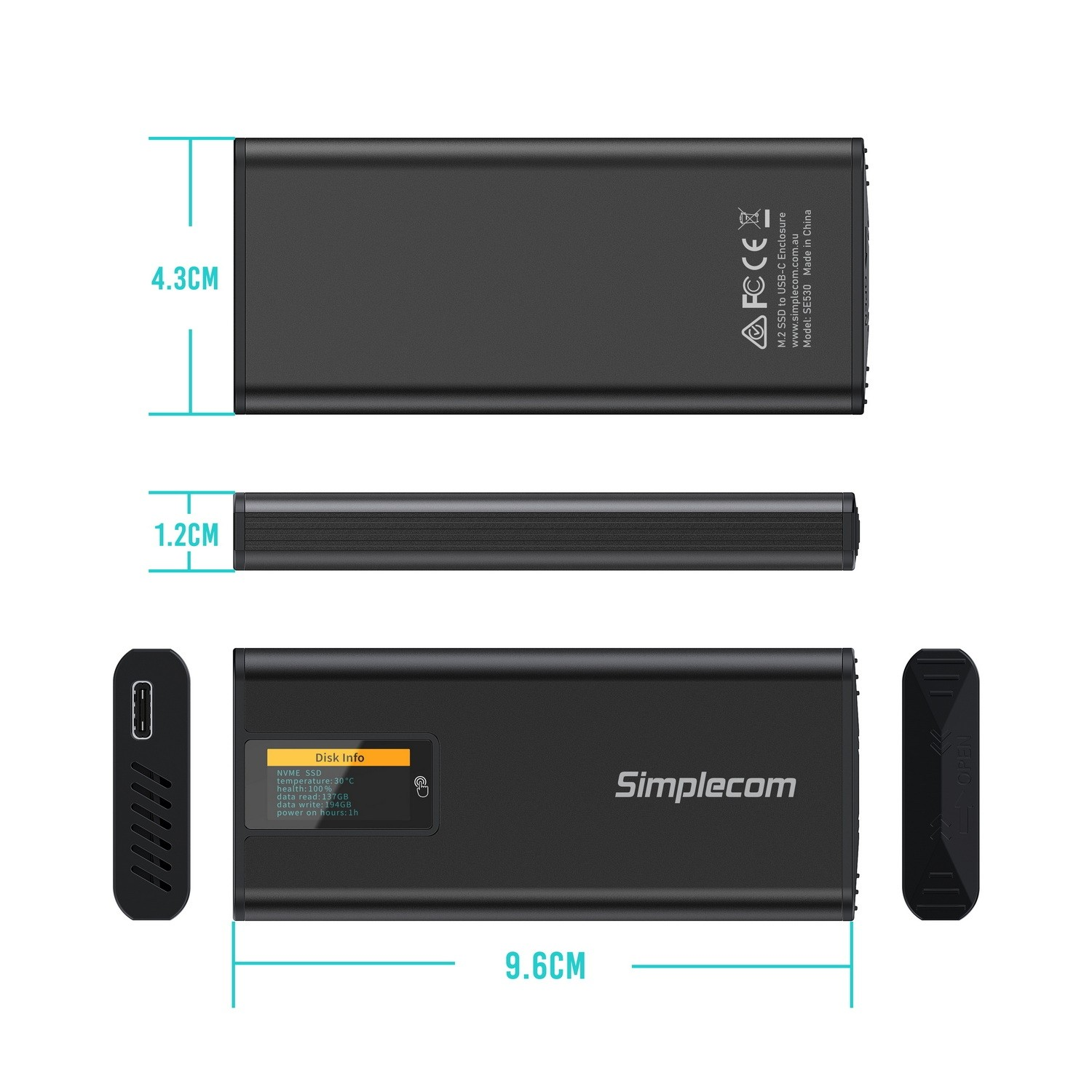 A large marketing image providing additional information about the product Simplecom SE530 NVMe / SATA M.2 SSD to USB Type-C Enclosure with SMART LED Screen USB 3.2 Gen 2 10Gbps - Additional alt info not provided