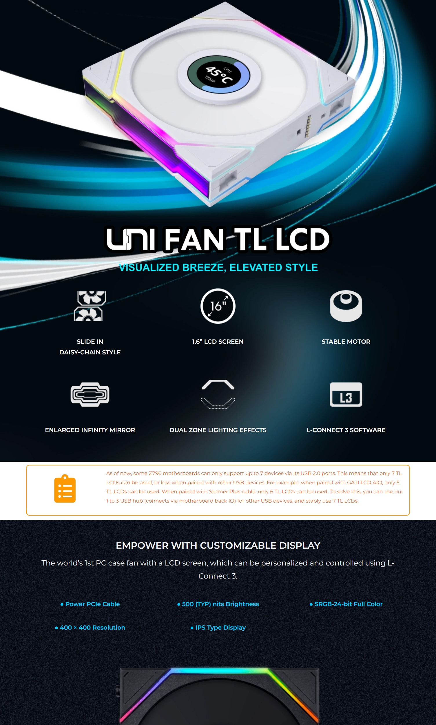 Lian Li 12TLLCD1B, UNI Fan TL LCD, Size: 120mm, PWM, Airflow: 62CFM, Noise: 27dBA, ARGB, Black, 3 Year Warranty 1 30202f8d6cd80548 1