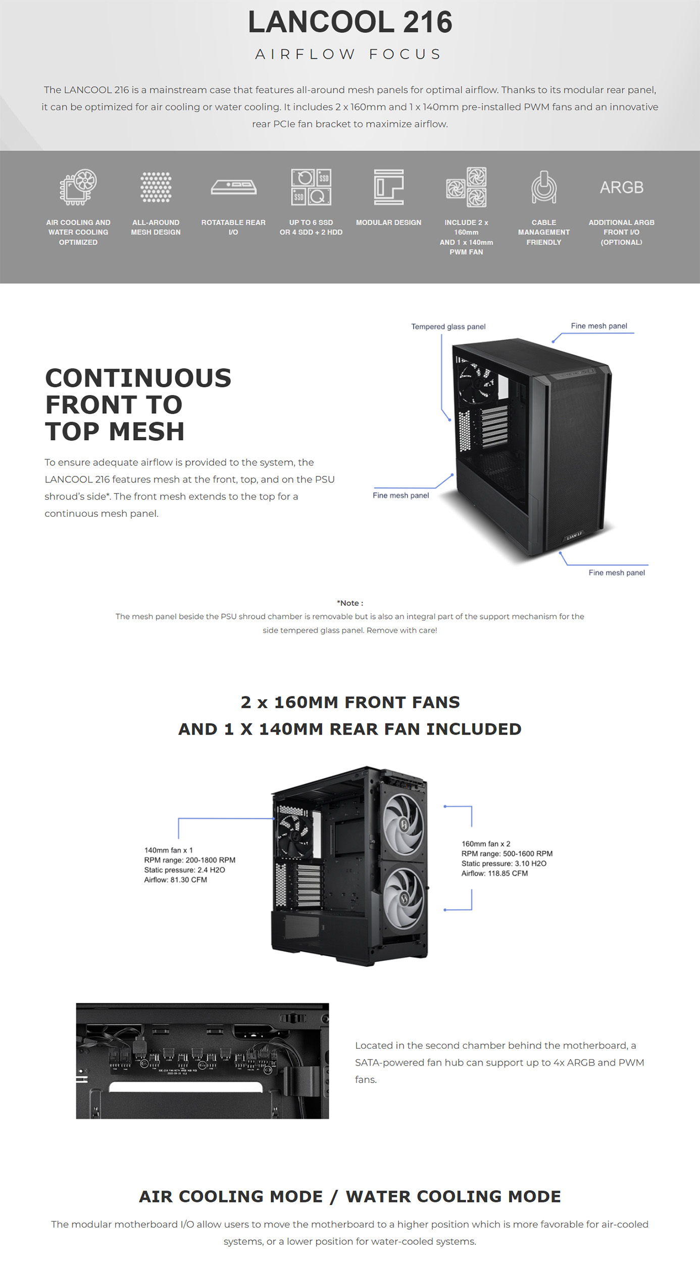 Lian-Li PC-LAN216RX, LandCool 216RX RGB, Mid-tower, Tempered Glass, Drive Bays: 2x3.5", 6x2.5", Expansion Slot: 7, Motherboard Support: E-ATX/ATX/Micro-ATX/Mini-ITX, Pre-Installed Fan: 2x160mm/1x140mm, Black, 1 Year Warranty 1 83fff61d8e43b7f3 1