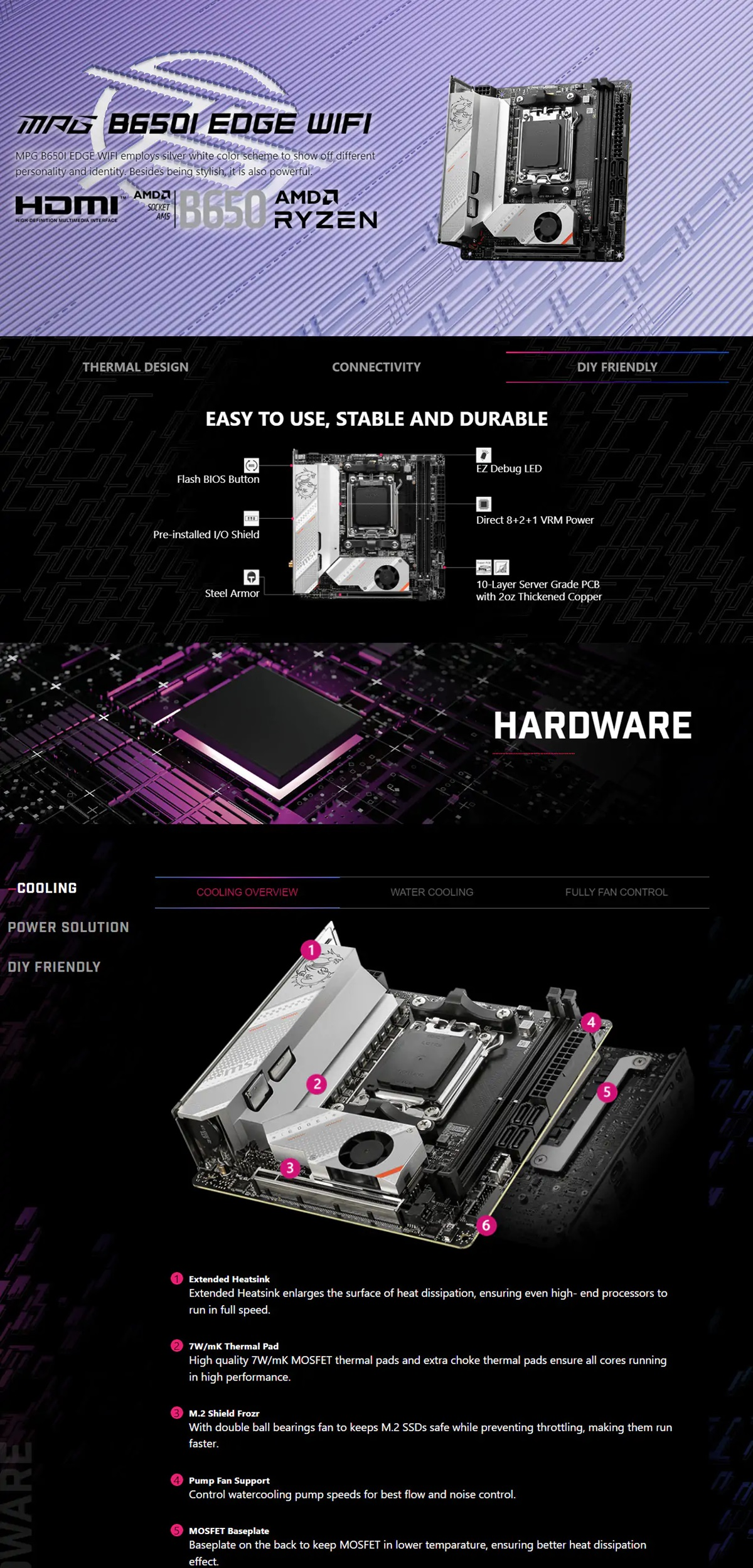 MSI MPG B650I EDGE WIFI, Mini ITX, AMD AM5, 2xDDR5, 2xM.2, 4xSATA 6Gb/s, RAID, 1xPCle, 1xHDMI, GbE LAN, Wireless AX+Bluetooth, 1xUSB-C, 5xUSB3.2, 3 Year Warranty 1 bffabc95dcad4c57 1