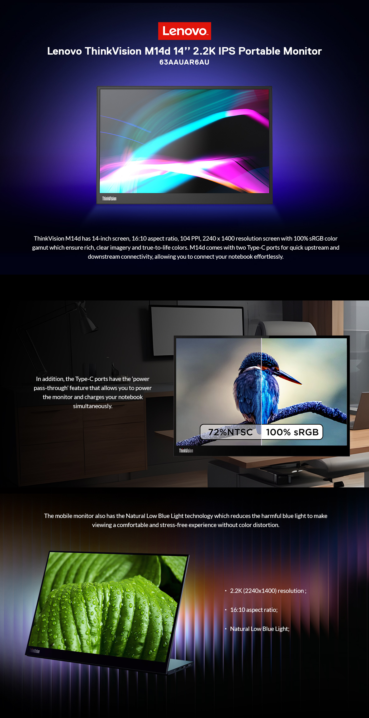 Lenovo ThinkVision M14d 14inch 2.2K IPS Portable Monitor